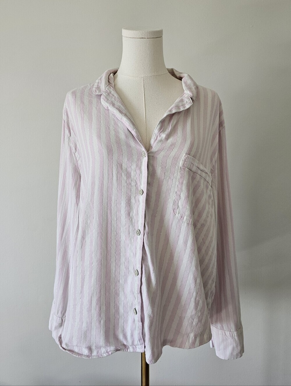 Victoria's Secret XL pink white striped button up sleepwear shirt long sleeve